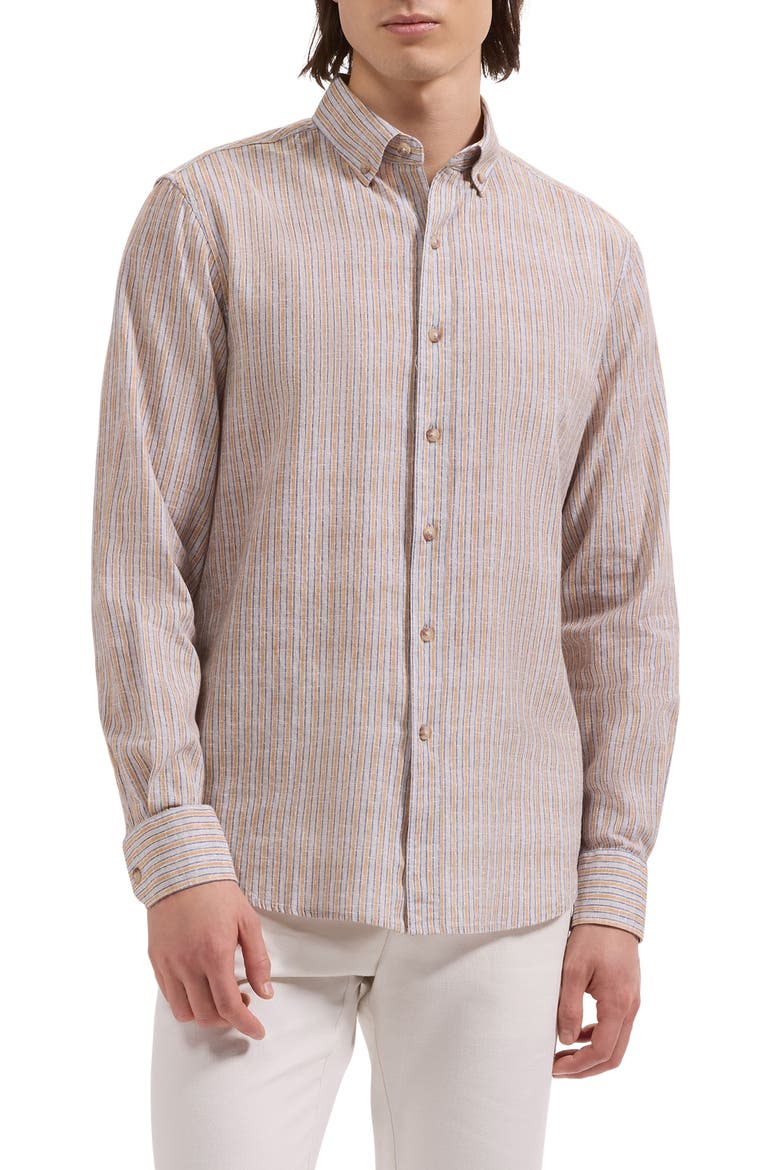 Austin Shaped Fit Stripe Cotton & Linen Button-Down Shirt, Main, color, DESERT