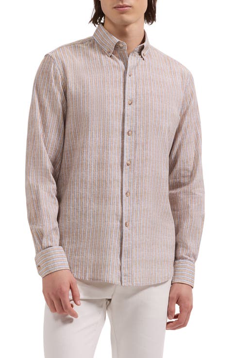 Austin Shaped Fit Stripe Cotton & Linen Button-Down Shirt