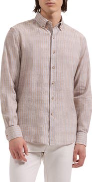 Bugatchi Austin Shaped Fit Stripe Cotton & Linen Button-Down Shirt