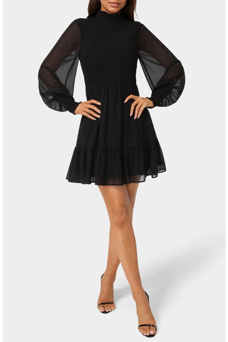 Floral Smocked Long Sleeve Chiffon Minidress, Main, color, BLACK