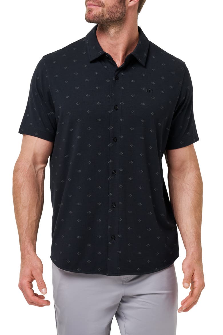 Shore of It Geo Print Short Sleeve Button-Up Knit Shirt, Main, color, BLACK