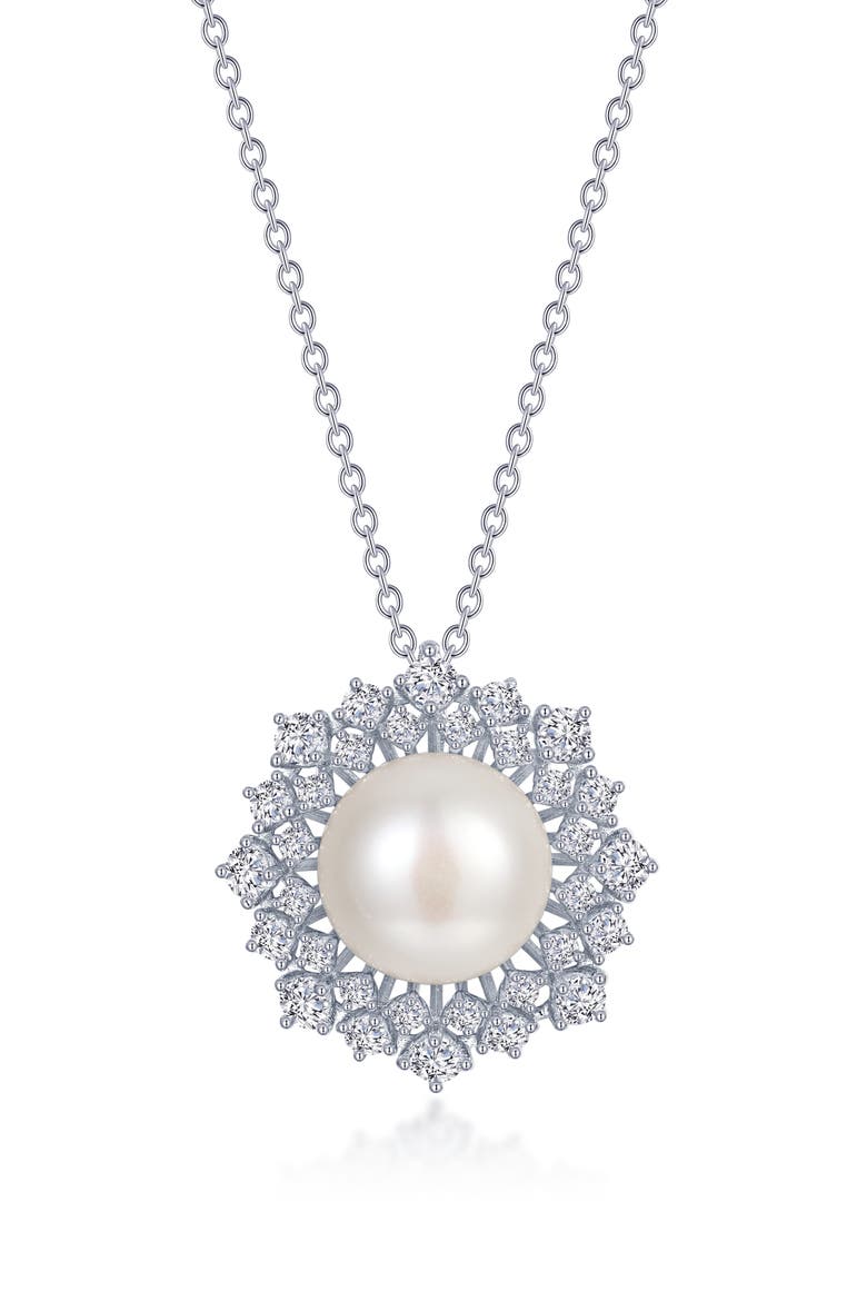 Cultured Pearl & Simulated Diamond Halo Pendant Necklace, Main, color, WHITE