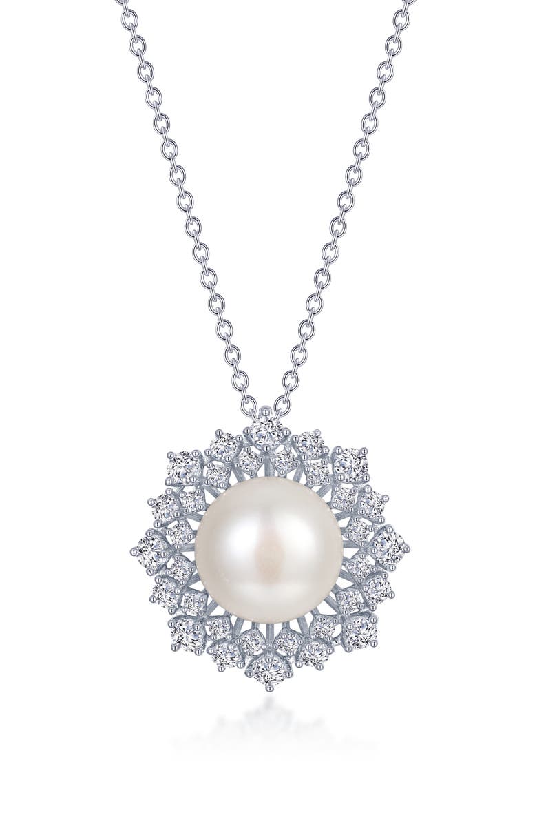 Lafonn Cultured Pearl & Simulated Diamond Halo Pendant Necklace, Main, color,