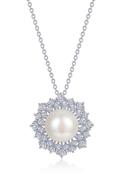 Cultured Pearl & Simulated Diamond Halo Pendant Necklace