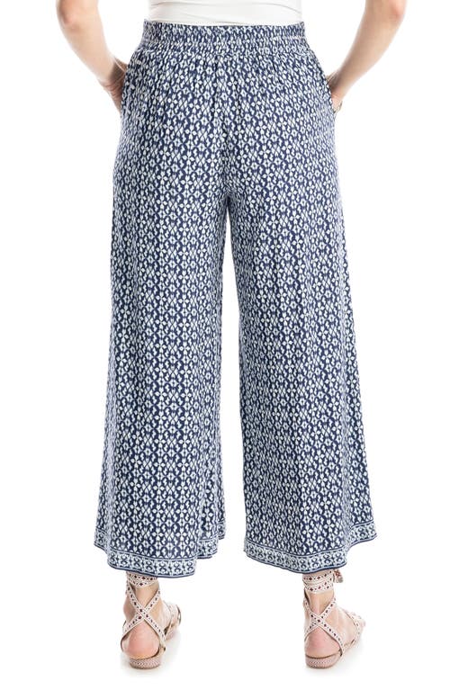 Max Studio Wide Leg Pull-on Crop Pants In Navy Blue Print
