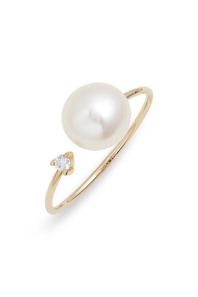 Akoya Pearl & Diamond Open Ring, Main, color, YELLOW GOLD/ PEARL/ DIAMOND