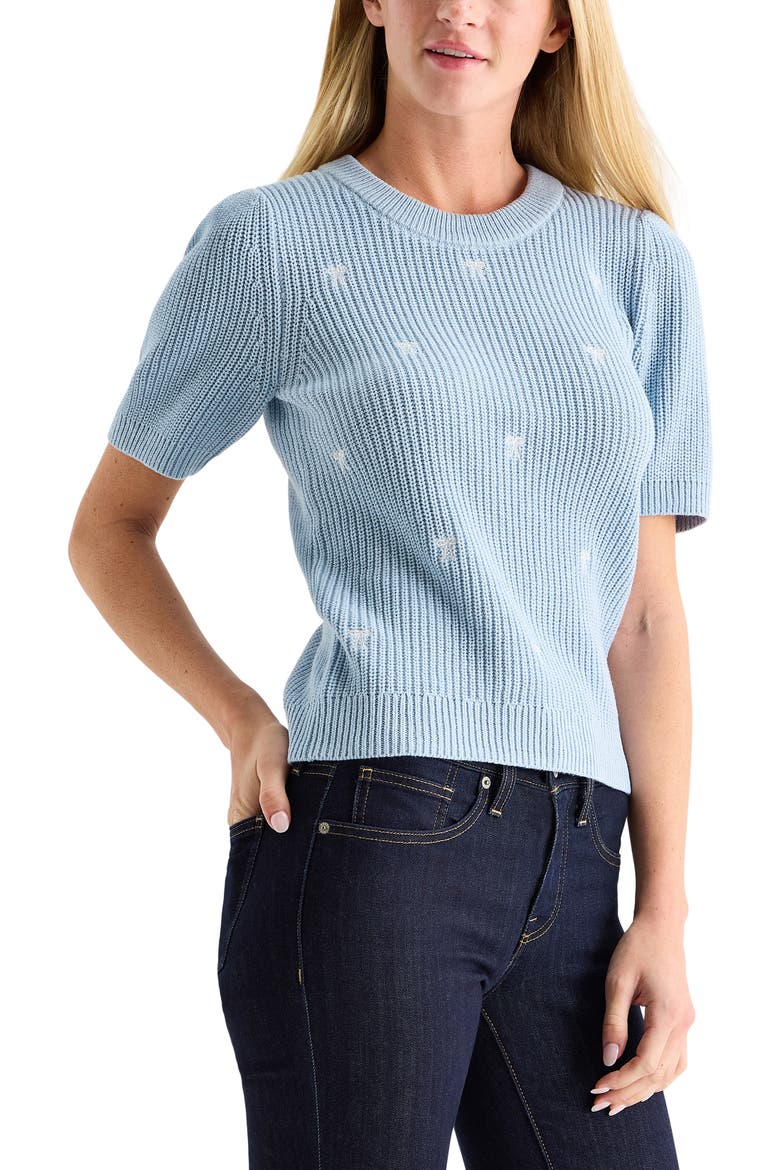Bow Embroidered Short Sleeve Sweater, Alternate, color, KENTUCKY BLUE