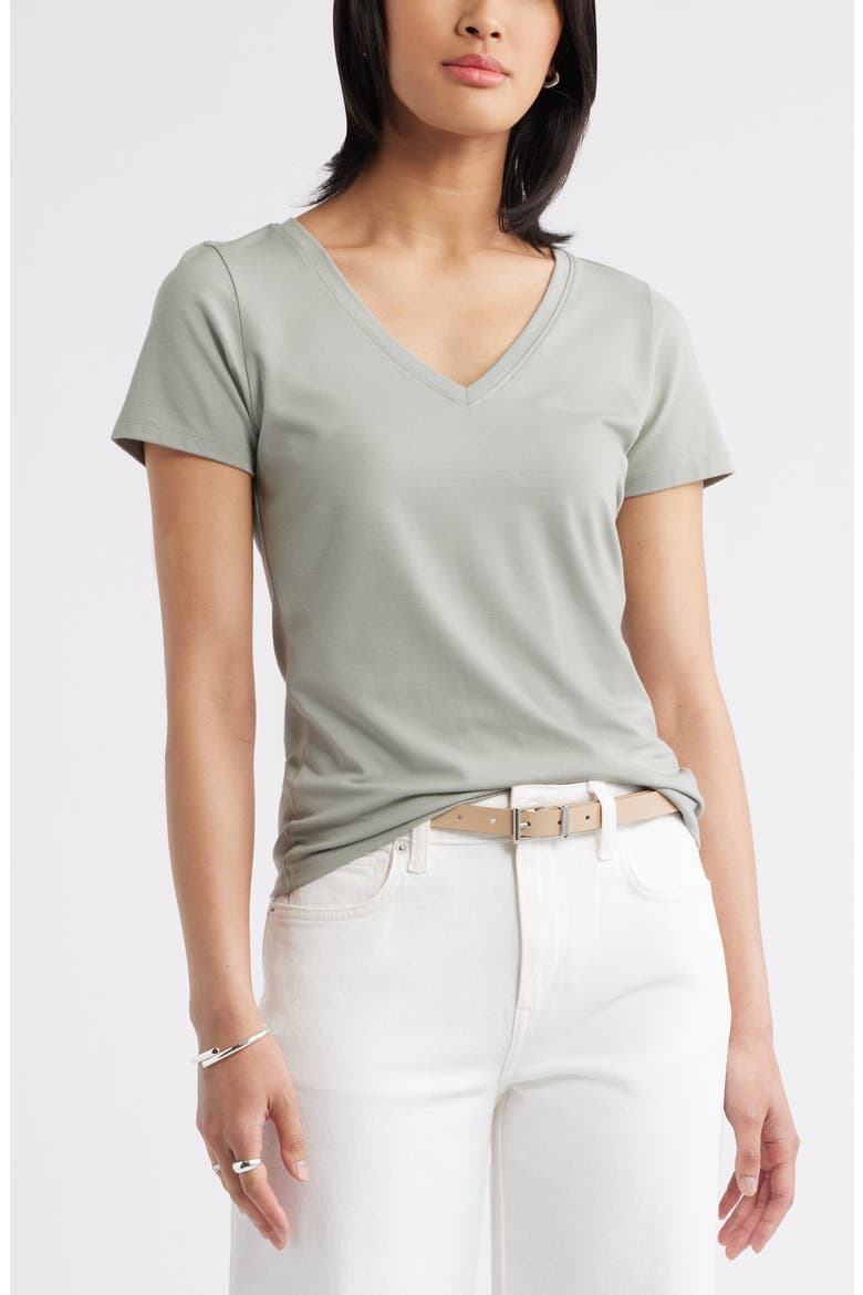 Everyday V-Neck Pima Cotton Blend T-Shirt, Main, color, GREEN CHAPARRAL