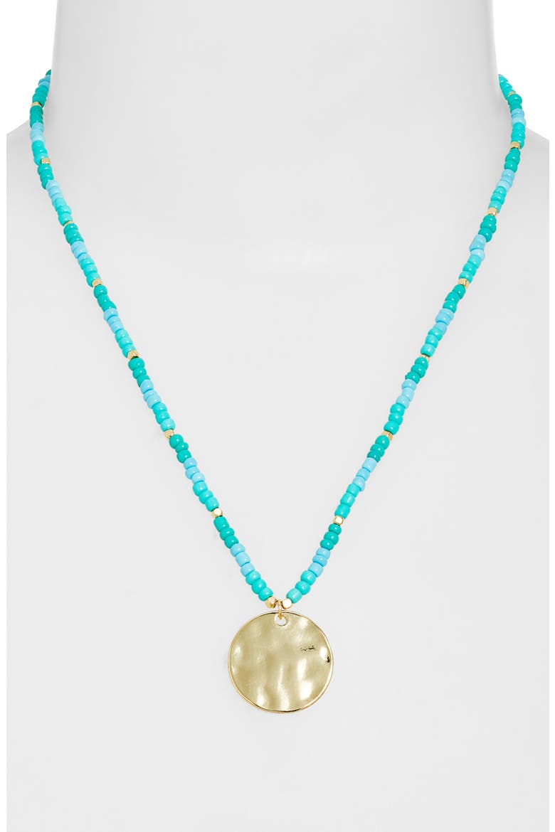 Hammered Coin Pendant Beaded Necklace, Alternate, color, TURQUOISE- GOLD