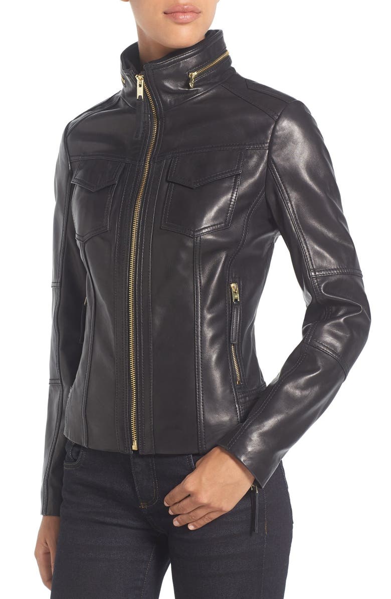 MICHAEL Michael Kors Front Zip Leather Jacket, Alternate, color, 