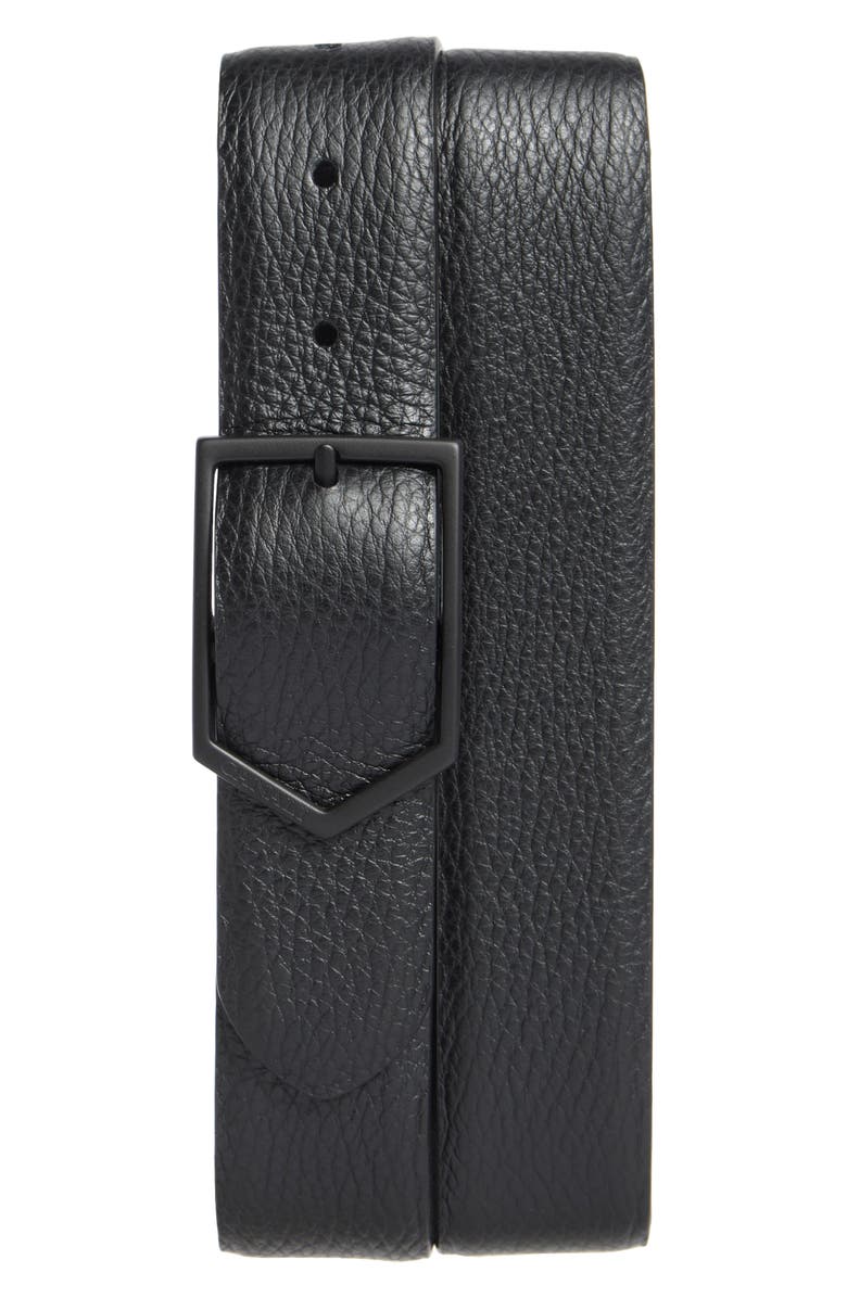 Canali Pebbled Calfskin Leather Belt, Main, color, Black