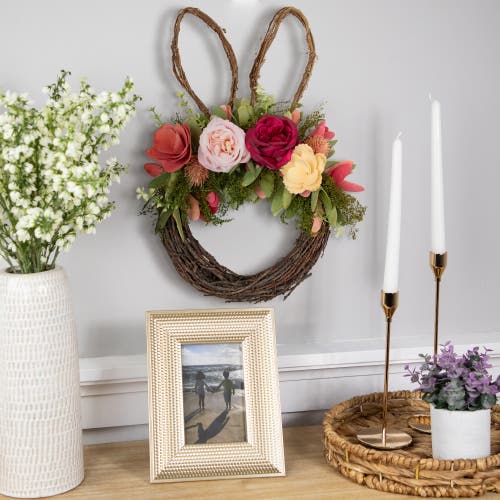 Northlight Wooden Floral Easter Bunny Ears Twig Wreath In Pink
