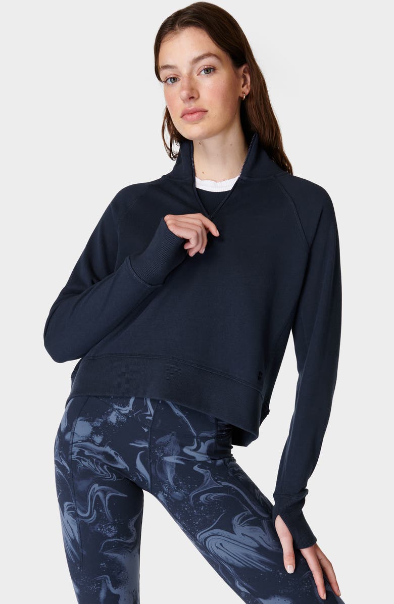 Sweaty Betty Revive Rib Trim Half-Zip Pullover, Alternate, color, Navy Blue