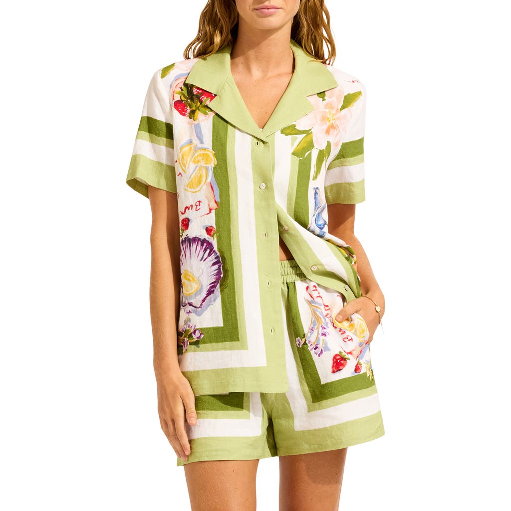 Seafolly Riviera Coast Linen Blend Cover-up Shirt In Green