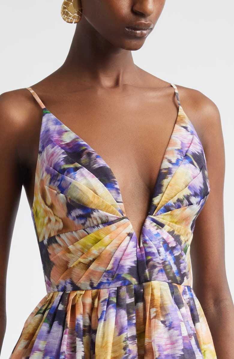 Zimmermann Luna Floral Plunge Neck Linen & Silk Minidress, Alternate, color, Navy Dahlia