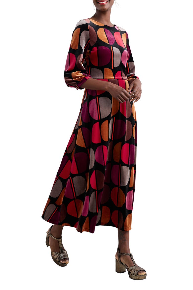 Oak Cottage Geo Print Velvet Midi Dress, Main, color, HALF MOON STAMP ONYX