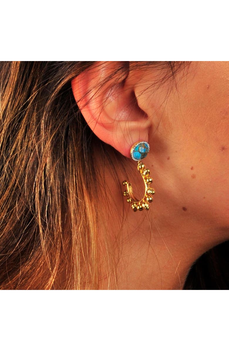 LuvMyJewelry Rise Shine Design Yellow Gold Plated SIlverTurquoise Gemstone Diamond Sun Earring, Alternate, color, 