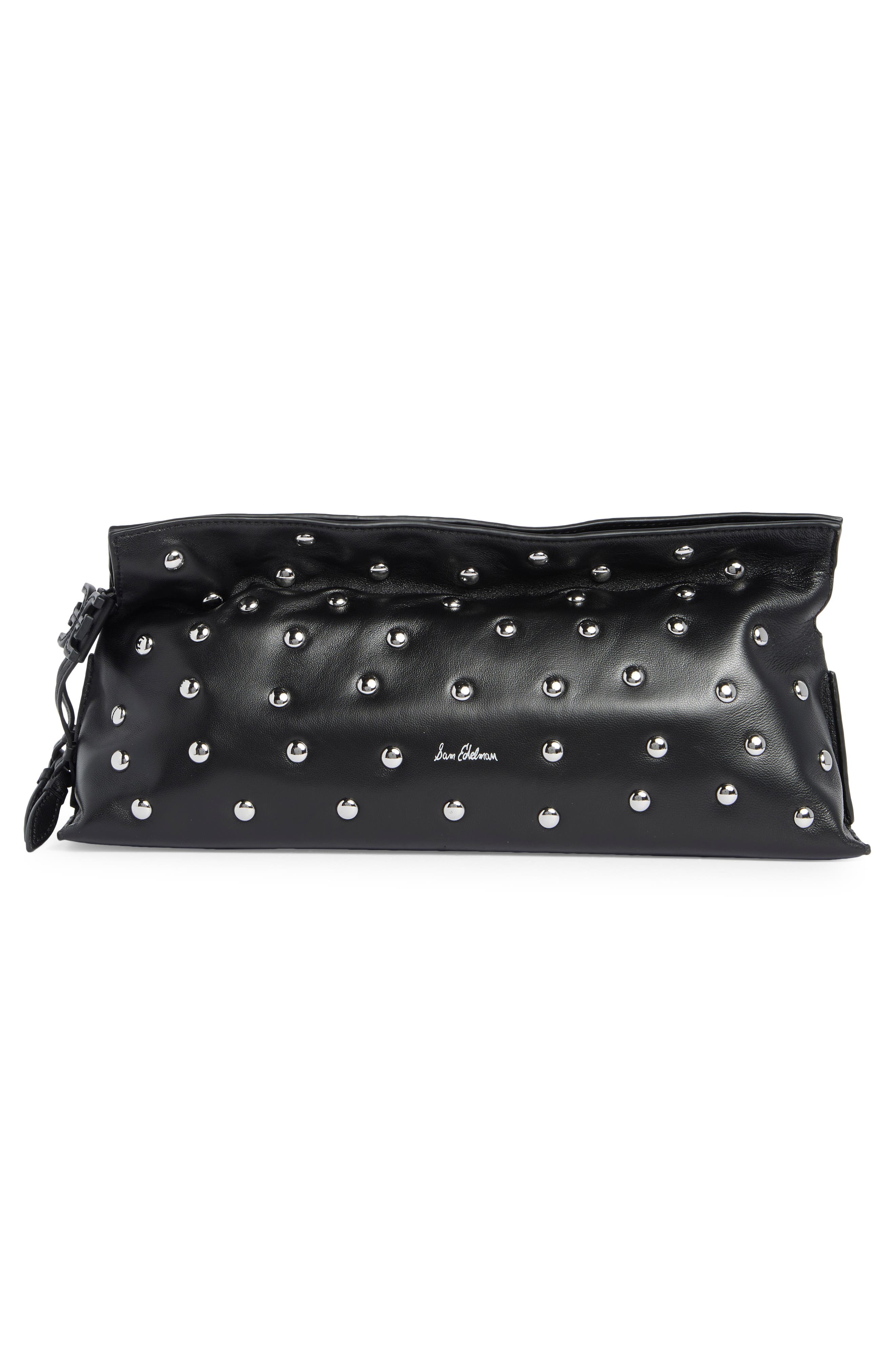 Sam Edelman Poppy Oversize Stud Leather Clutch, Alternate, color, Black