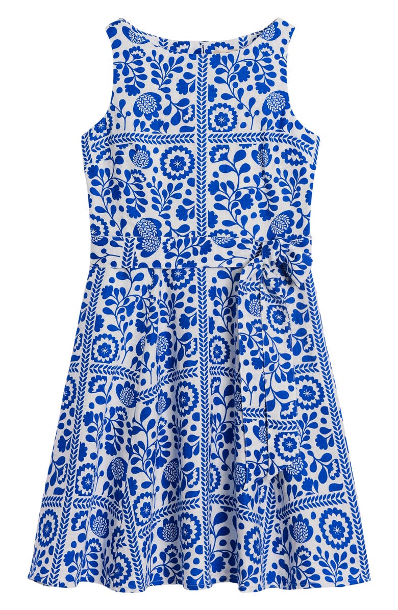 Boden Anya Print Tie Waist Linen Dress, Alternate, color, Gallery Blue, Walled Garden