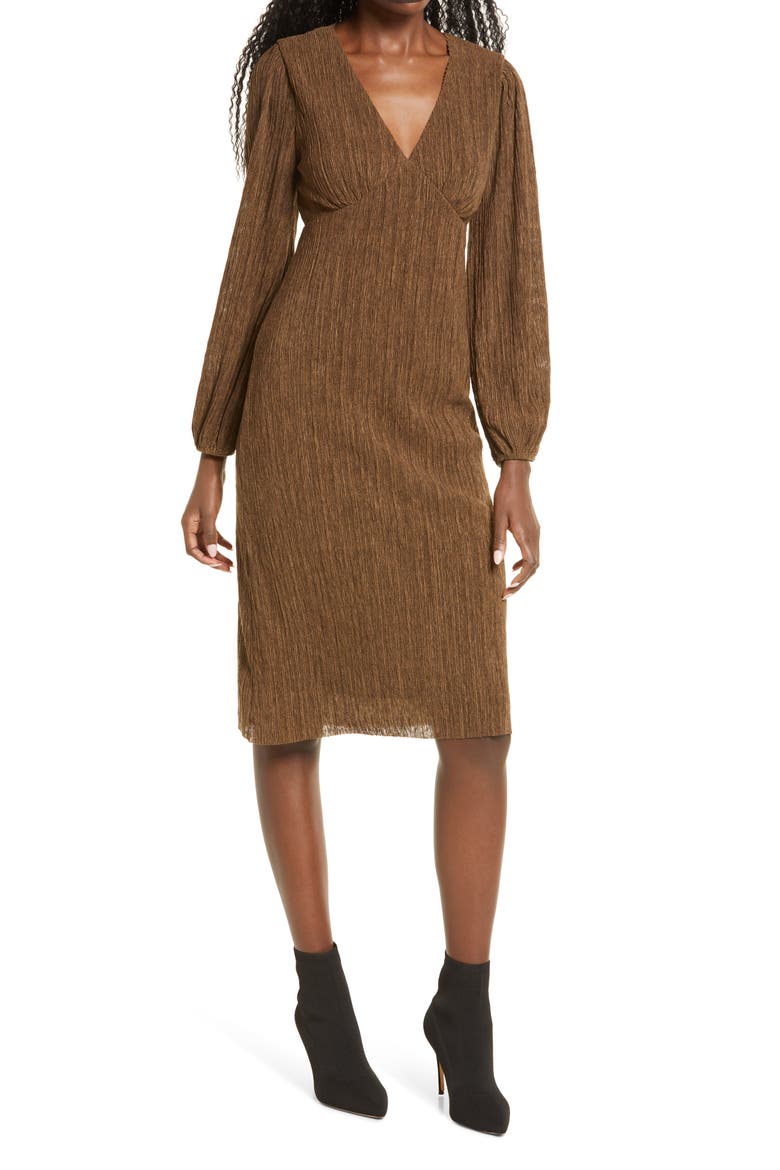 Plissé Empire Waist Midi Dress, Main, color, DESERT PALM