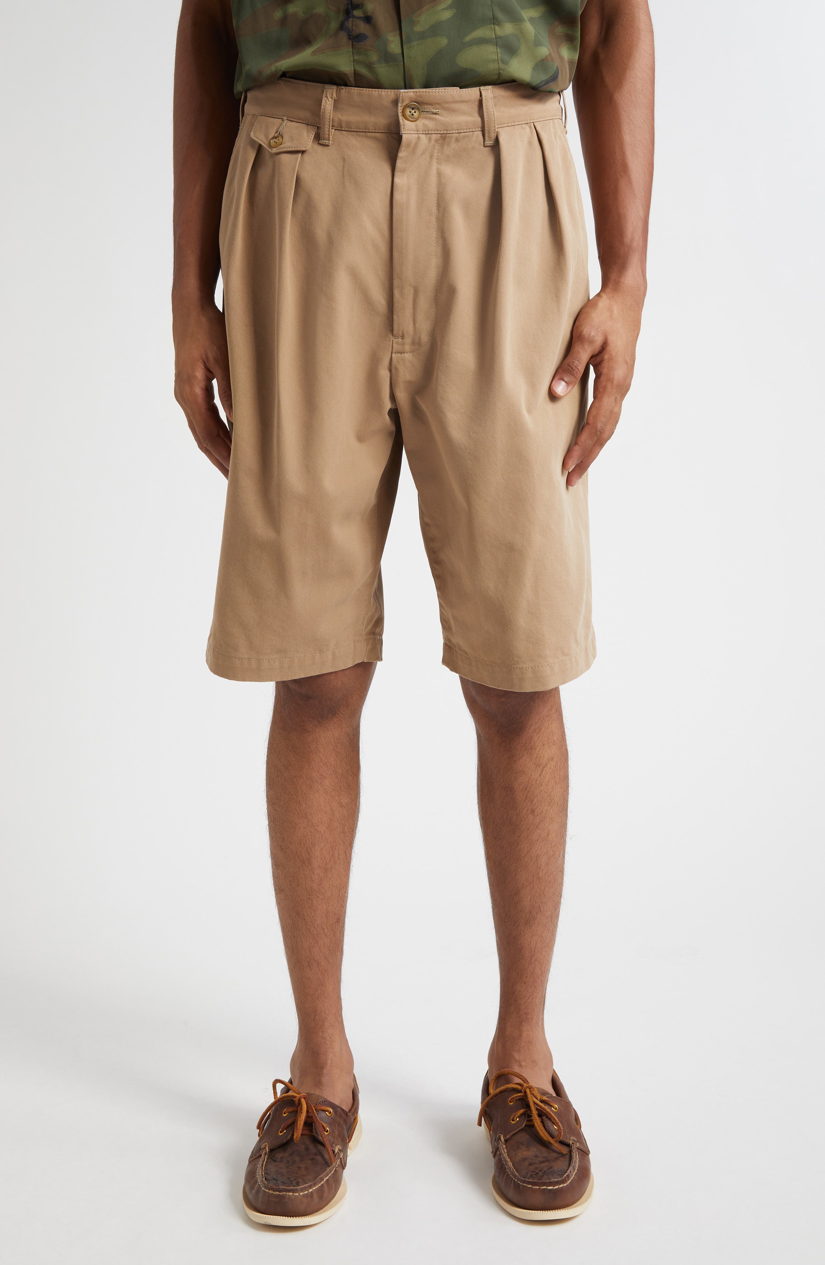 Pleated Cotton Twill Bermuda Shorts