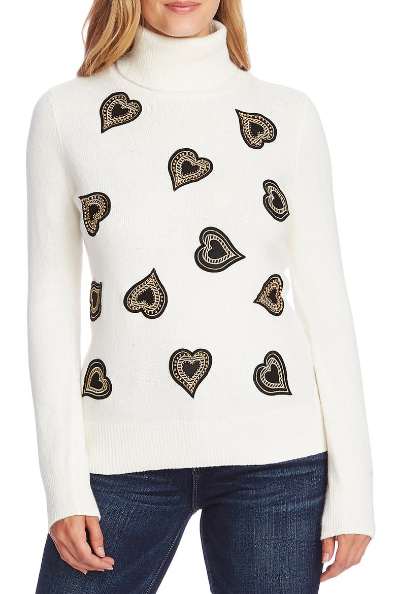 Heart Embellished Turtleneck Sweater, Main, color, ANTIQUE WHITE