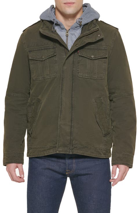 Washed Cotton Faux Shearling Lined Hooded Military Jacket