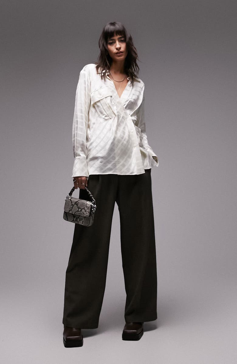 Topshop Self Check Satin Asymmetric Button-Up Shirt, Alternate, color, Ivory