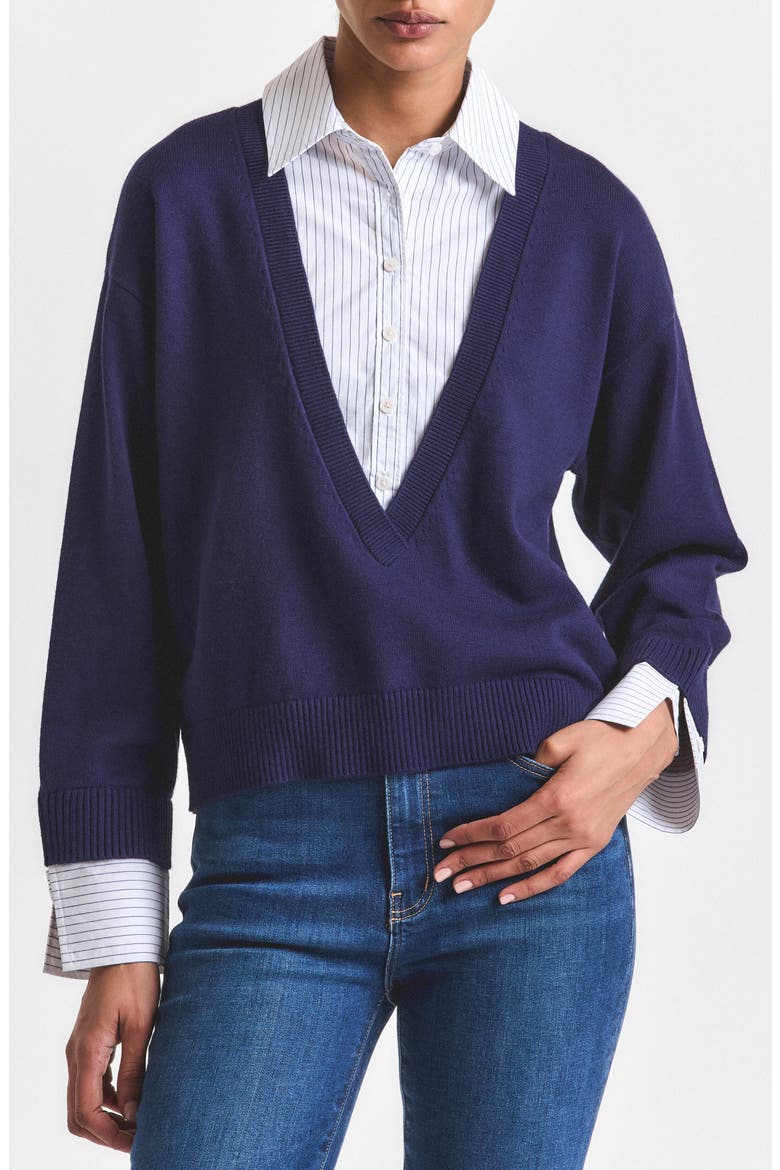 Rida Cotton Blend Mixed Media Sweater, Main, color, NAVY/ WHITE