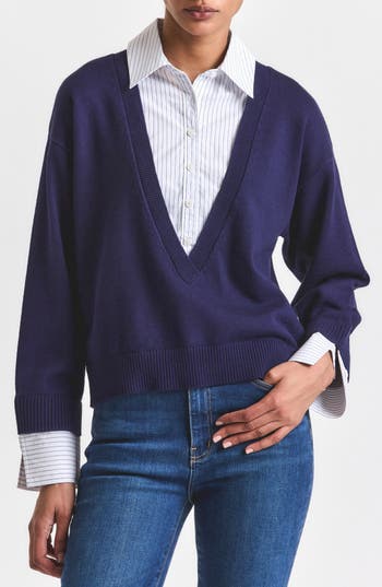 Derek Lam 10 Crosby Rida Cotton Blend Mixed Media Sweater In Blue
