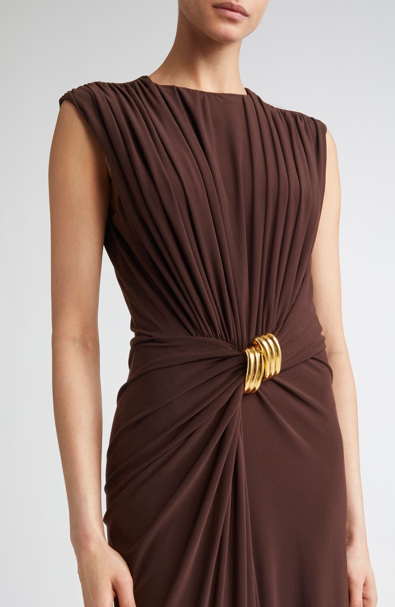 Brandon Maxwell The Serena Draped Jersey Maxi Dress, Alternate, color, Espresso/ Gold