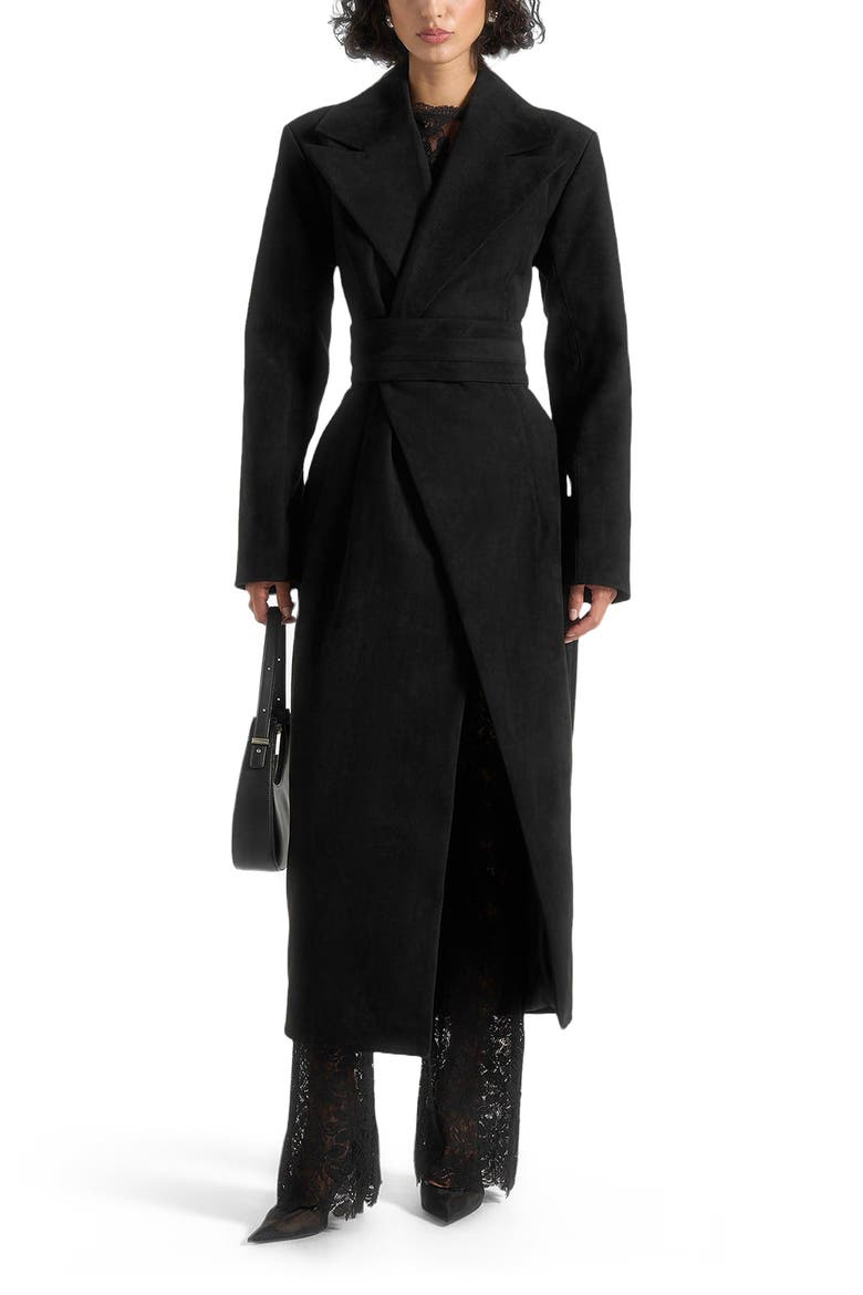 Esma Suede Asymmetric Coat with Cinch Belt, Alternate, color, Black