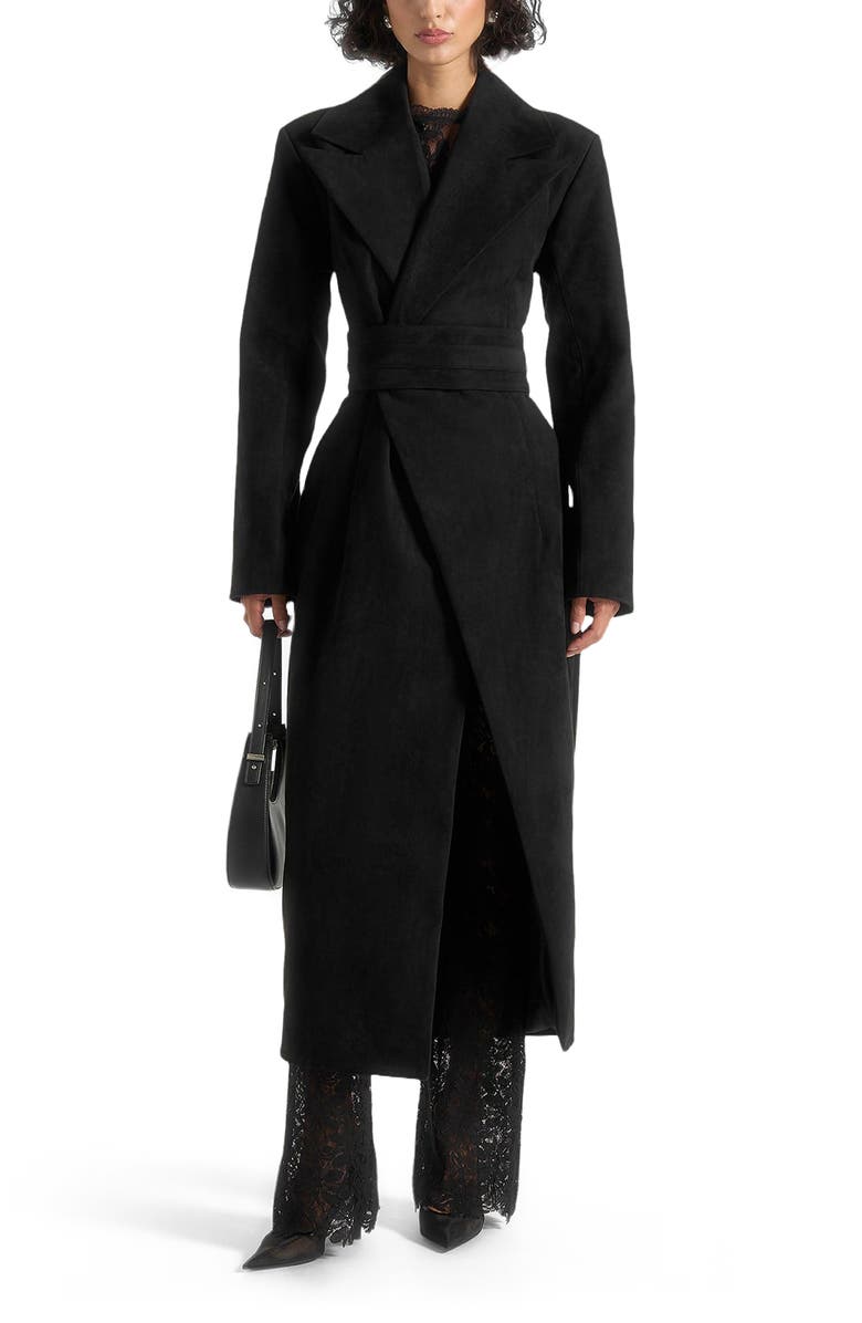 Manière De Voir Esma Suede Asymmetric Coat with Cinch Belt, Alternate, color, Black