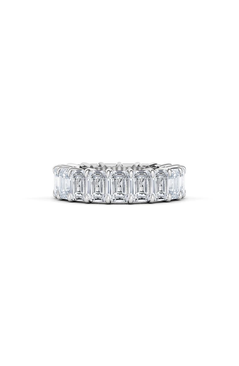 HauteCarat Emerald Cut Lab Created Diamond 18K Gold Eternity Band, Main, color, White Gold