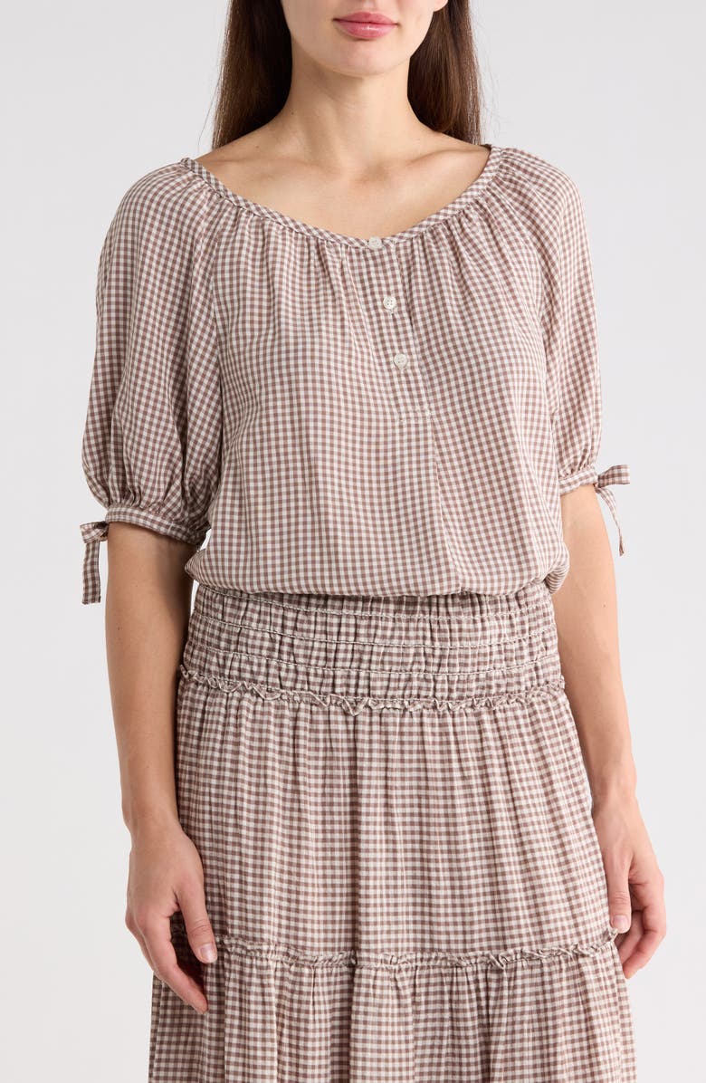 MAX STUDIO Gingham Bubble Hem Top, Main, color, Taupe/ Cream