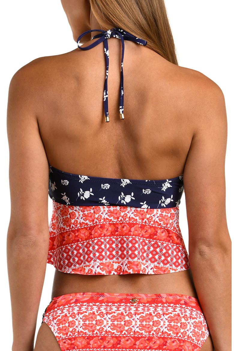 Flowers & Stripes Halter Bandeau Tankini Top, Alternate, color, RED MULTI