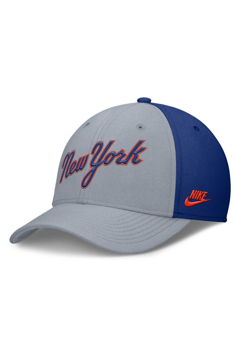 Nike Men's Nike Gray/Royal New York Mets Rise Swoosh Performance Flex Hat, Alternate, color, 