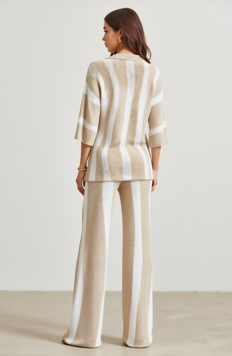 Modenaire Striped Knit Button-Front Top and Wide-Leg Pants Set, Alternate, color,