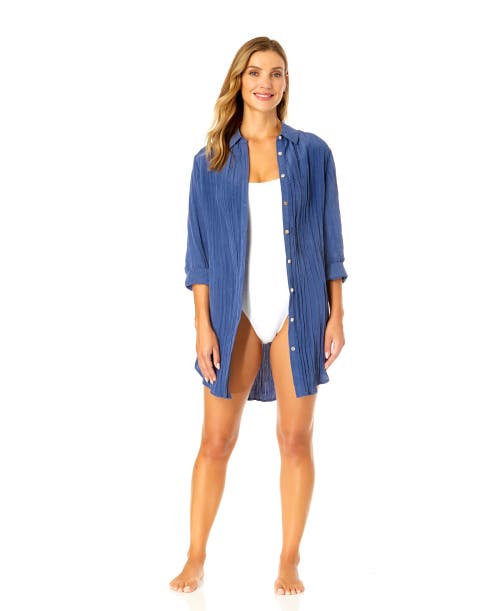 Anne Cole Long Sleeve Button Up Cover Up In Blue Indigo
