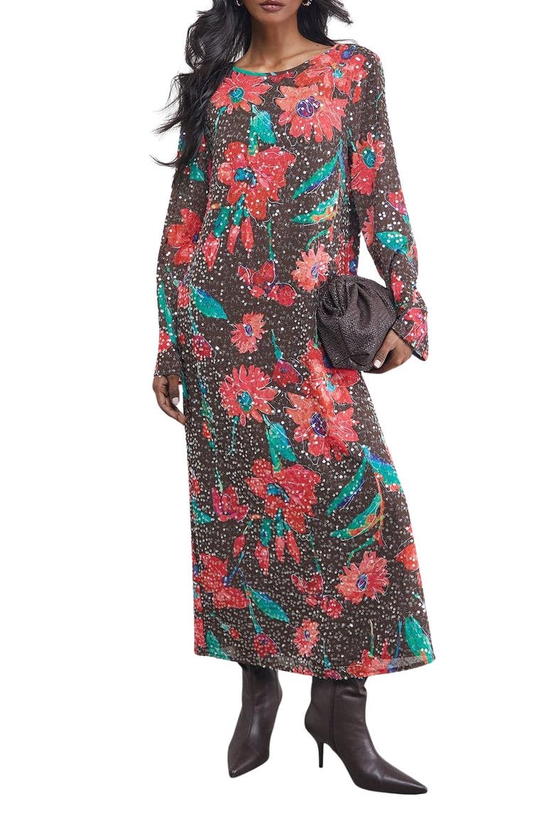 Sequin Column Midi Dress, Alternate, color, Chocolate