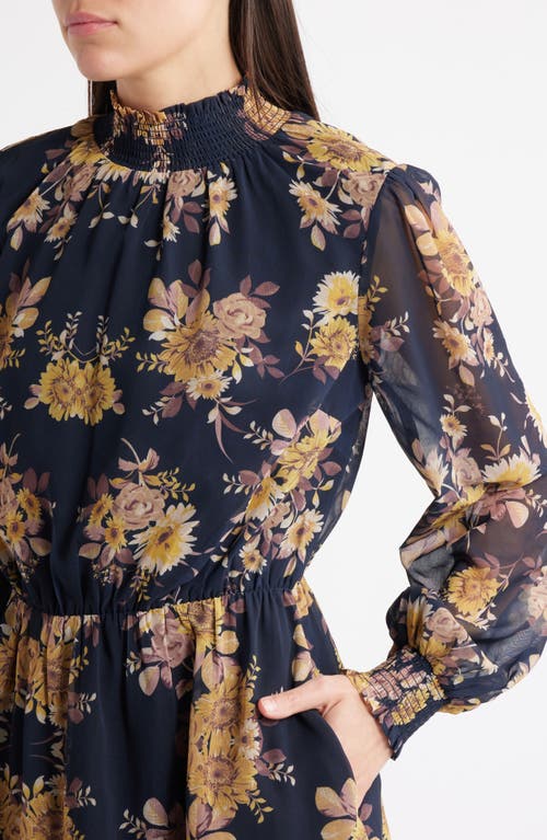 Lost + Wander Water Lily Floral Mock Neck Long Sleeve Dress In Blue