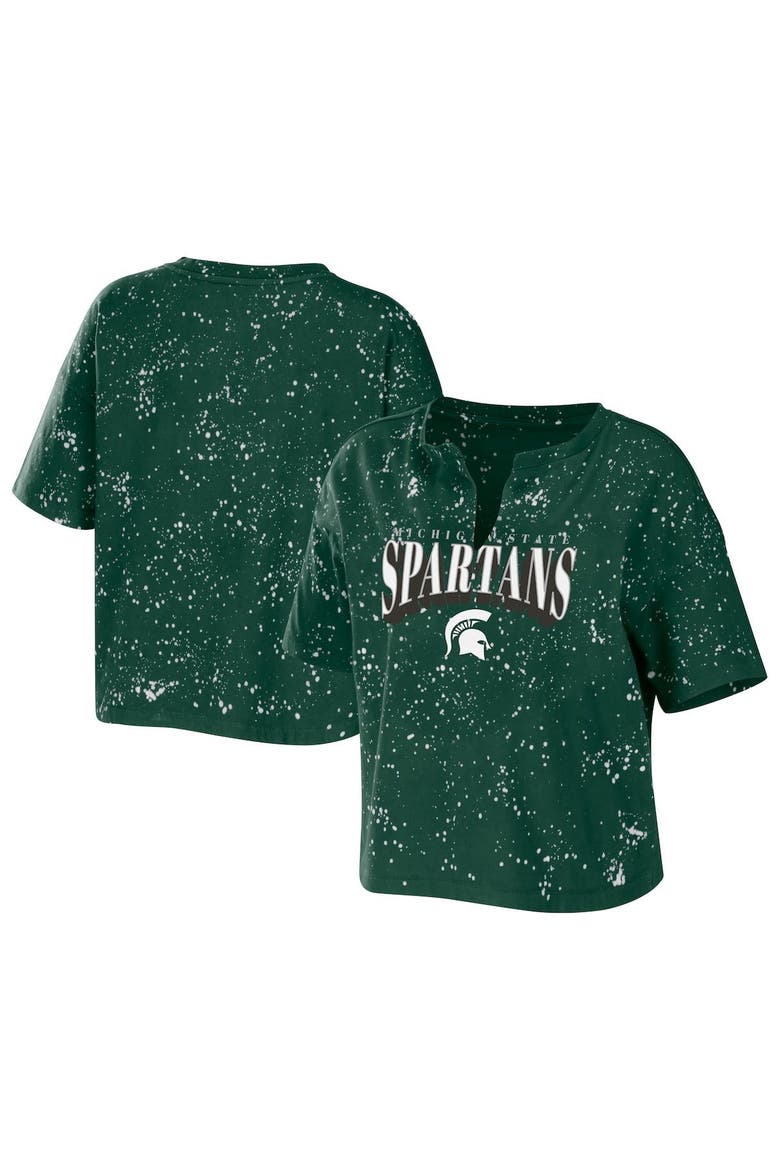 Women's WEAR by Erin Andrews Green Michigan State Spartans Bleach Wash Splatter Cropped Notch Neck T-Shirt, Alternate, color, Green