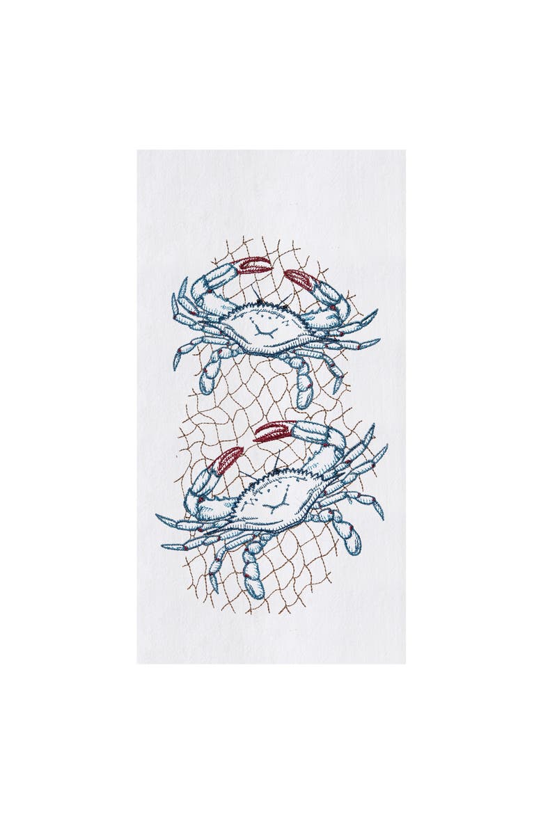 Crab Net Flour Sack Embroidered Cotton Kitchen Towel, Main, color, White