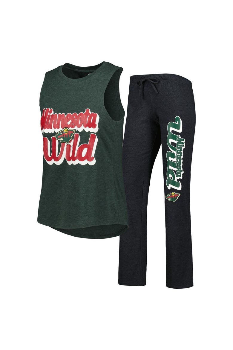 Women's Concepts Sport Heather Green/Heather Black Minnesota Wild Meter Muscle Tank Top & Pants Sleep Set, Main, color, Black