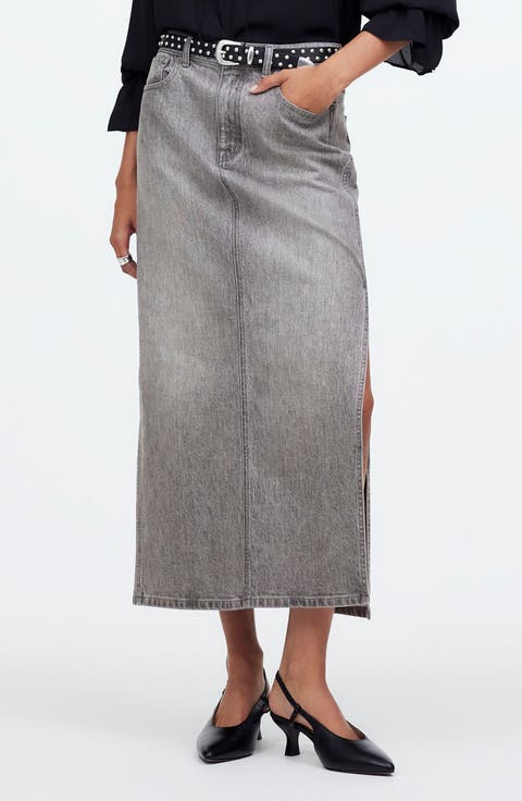 Side Slit Denim Midi Skirt (Hallandale Wash)