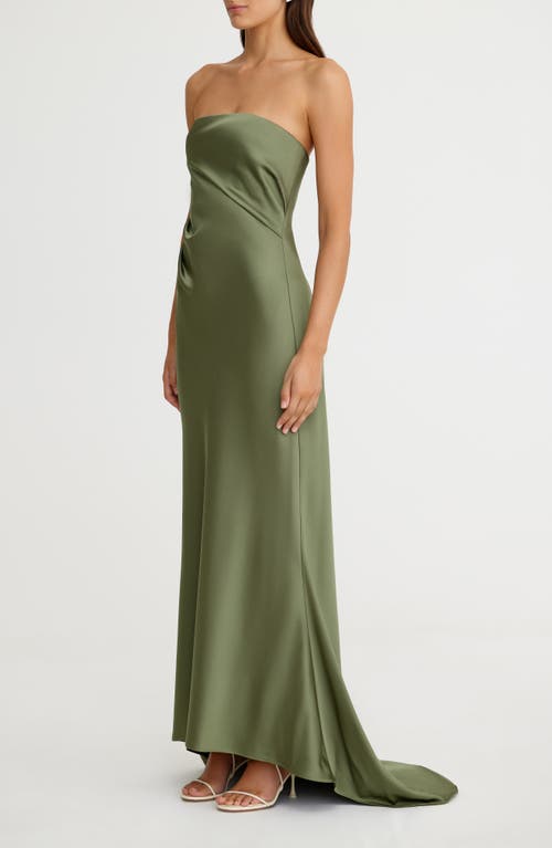 Significant Other Lucile Strapless Satin Gown With Train In Pesto