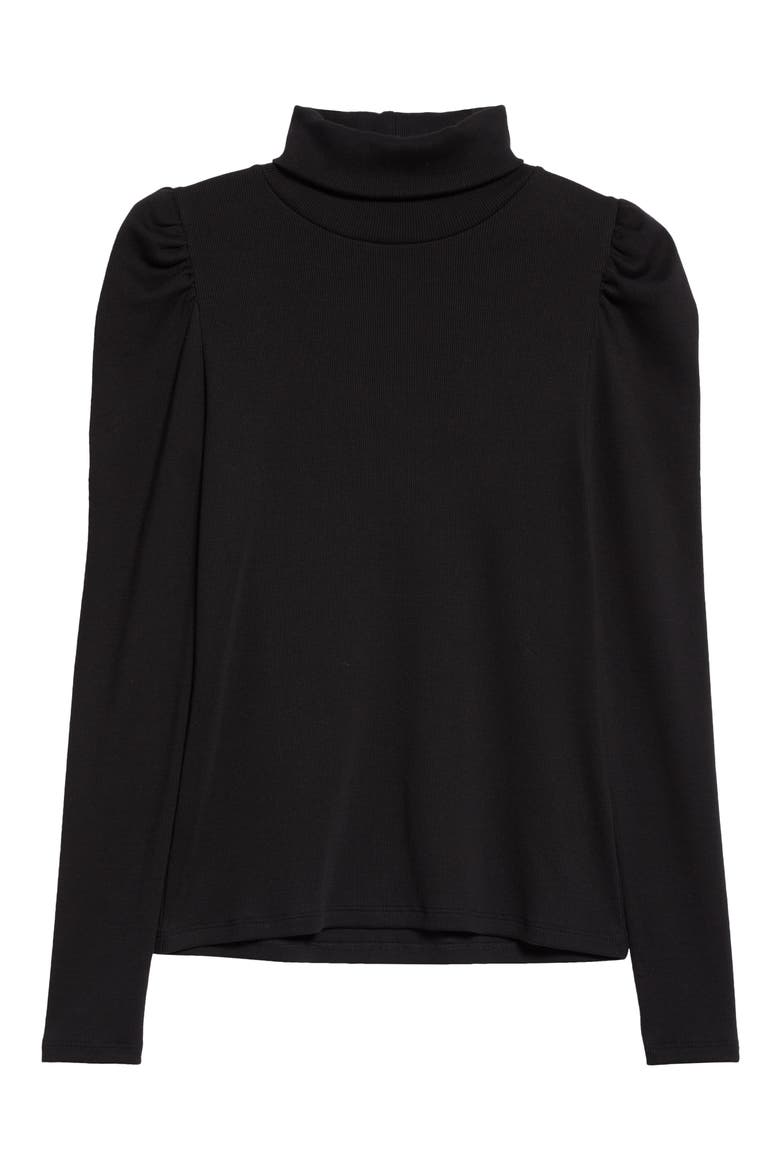 Cedar Rib Puff Sleeve Cotton Turtleneck, Alternate, color, BLACK
