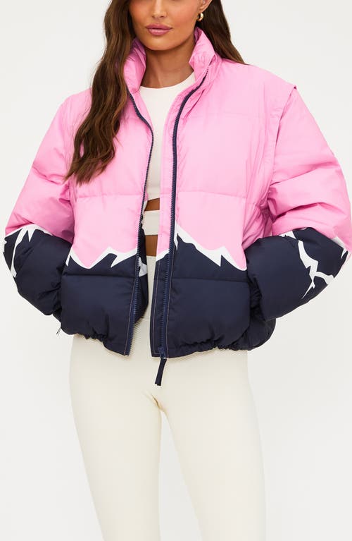 Beach Riot Kris Convertible Snowy Peaks Puffer Jacket In Pink
