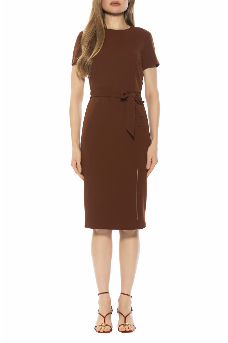 Zyra Short Sleeve Tie Waist Sheath Dress, Main, color, BROWN