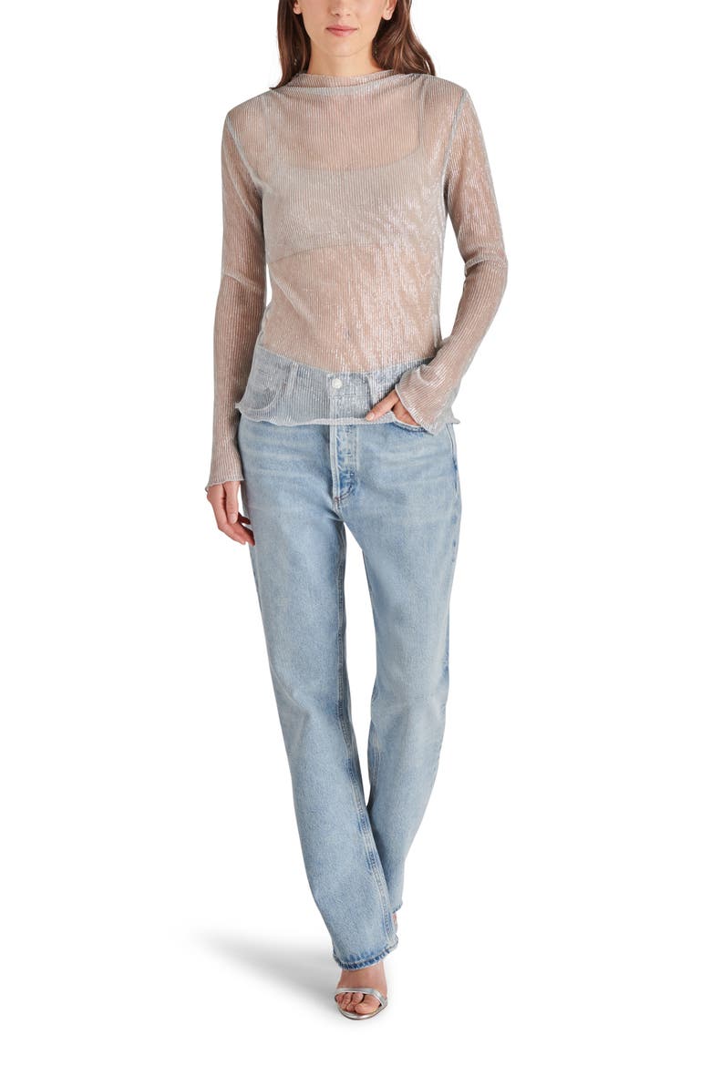 Janelle Sheer Metallic Plissé Top, Alternate, color, SILVER